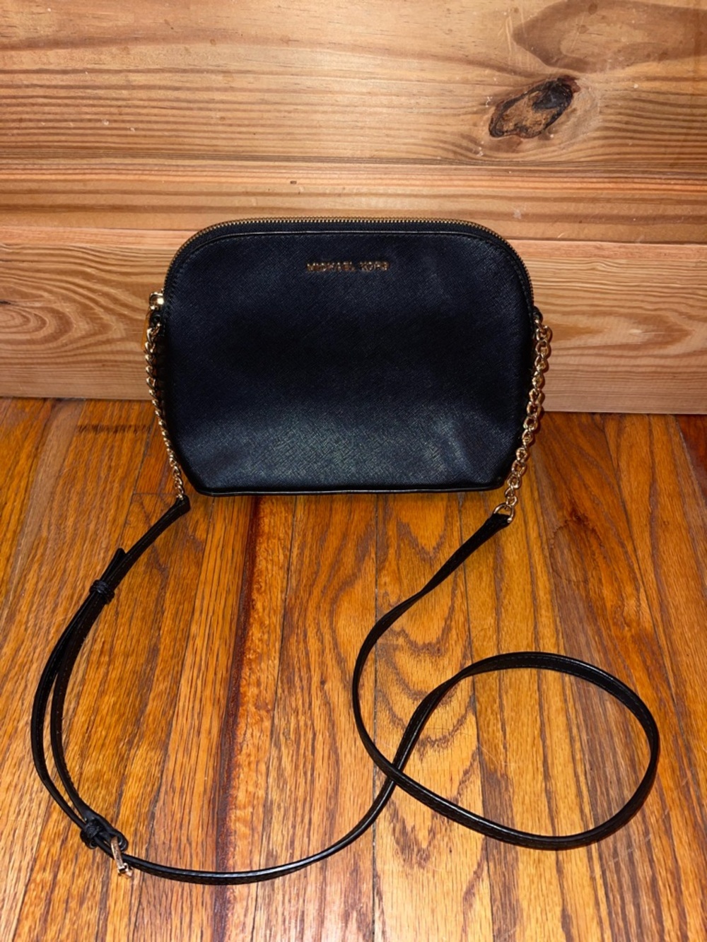 Michael Kors Black Leather Crossbody with Gold Chain Strap
